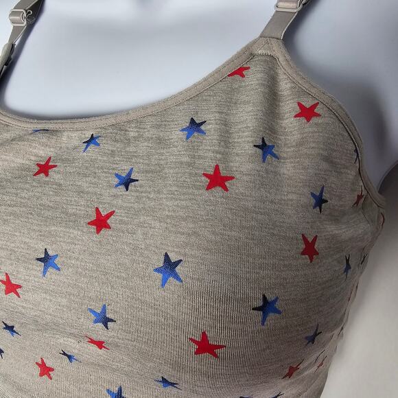 Red White Blue Star Print Bralette Gray Strappy Back Crop Top Patriotic M - Picture 2 of 7